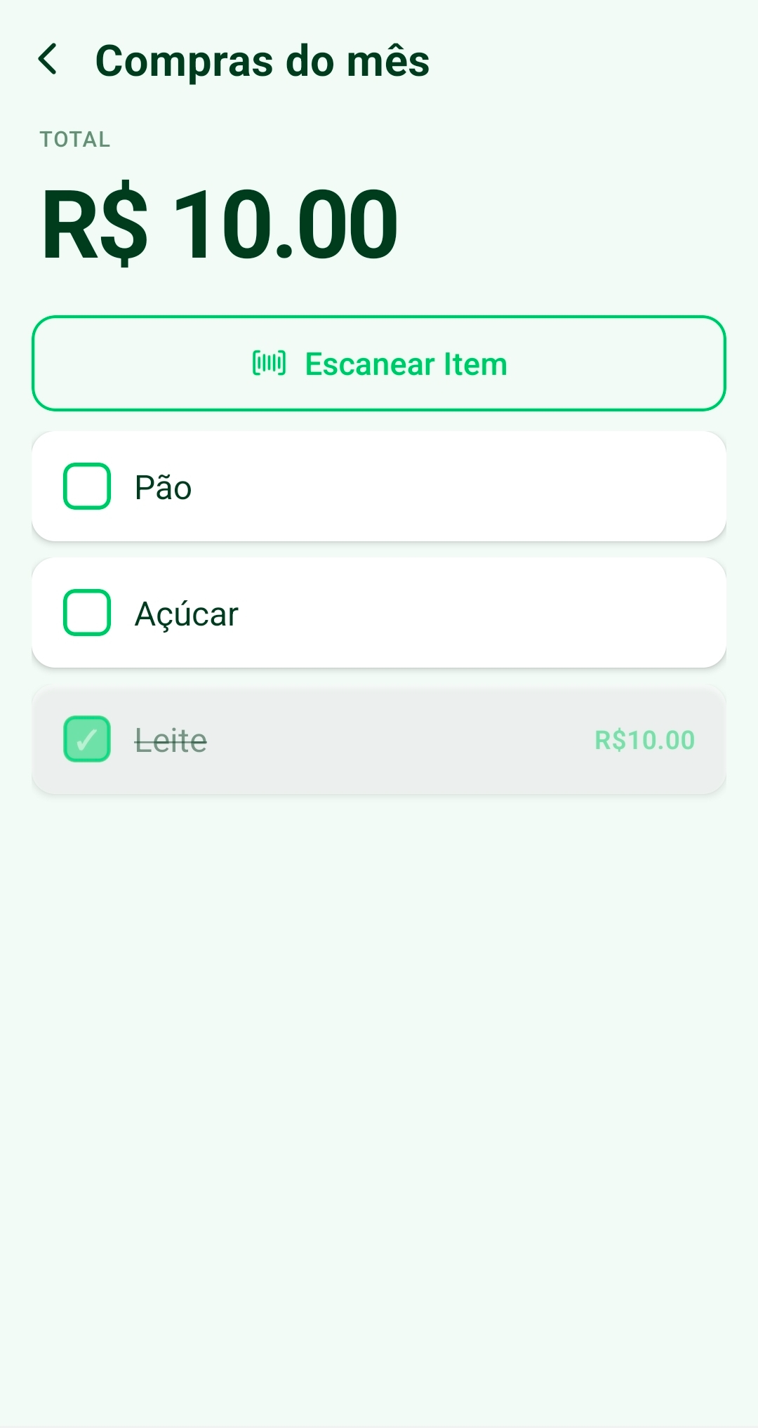Smartcart app showing a shopping list with items and total